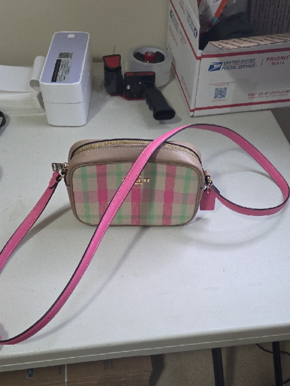 Coach Jamie Mini Pink Plaid Crossbody Camera Bag with Green Accents - Picture 8 of 8